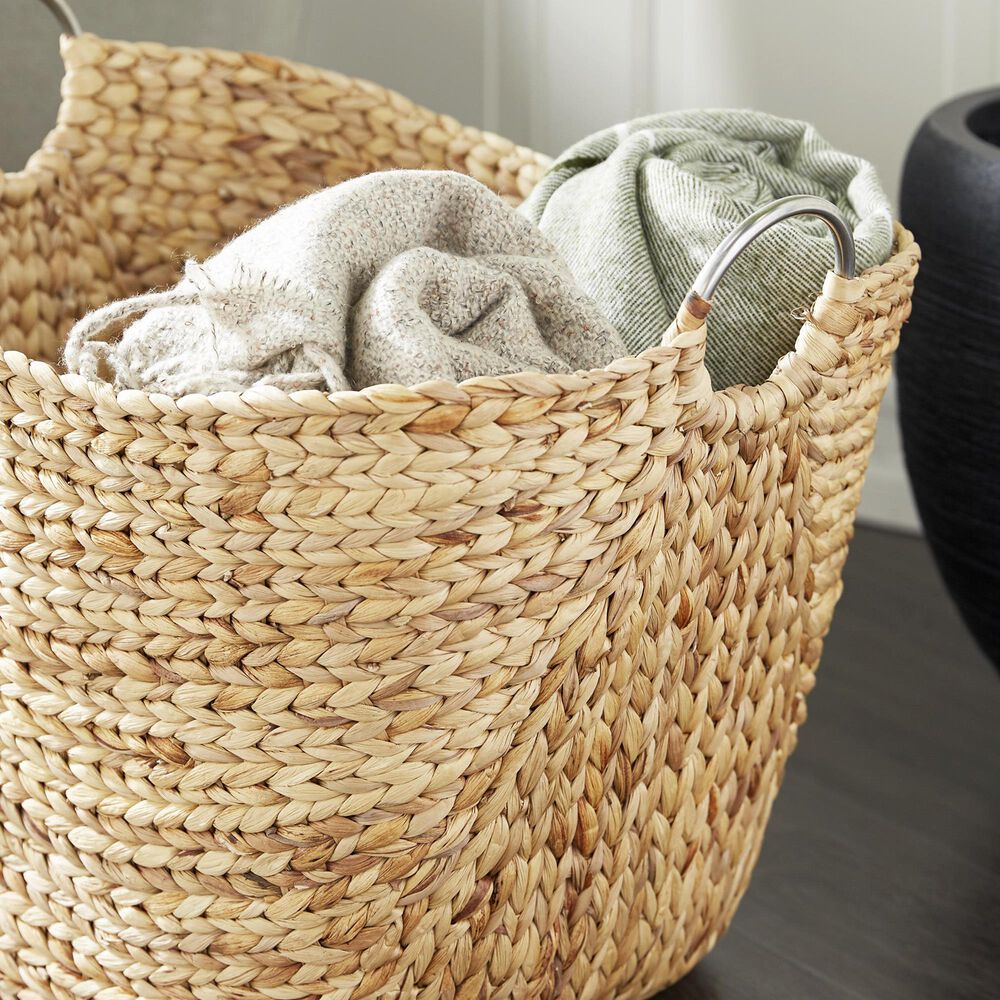 Maple and Jade Large Woven Storage Basket with Ring Metal Handles in Brown, , large