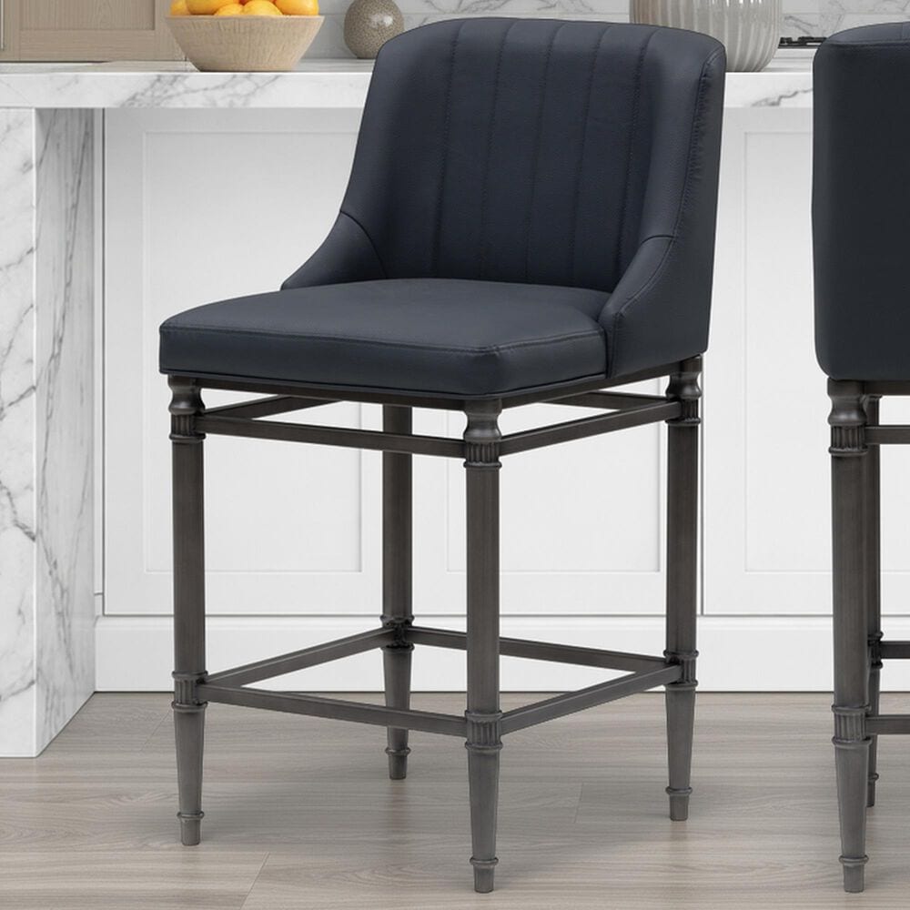 Armen Living Marvin Counter Height Stool with Night Life Blue Upholstery in Antique Pewter, , large