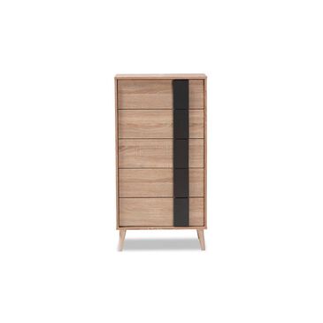 Baxton Studio Lisen 5 Drawer Chest in Oak Brown/Dark Grey, , large