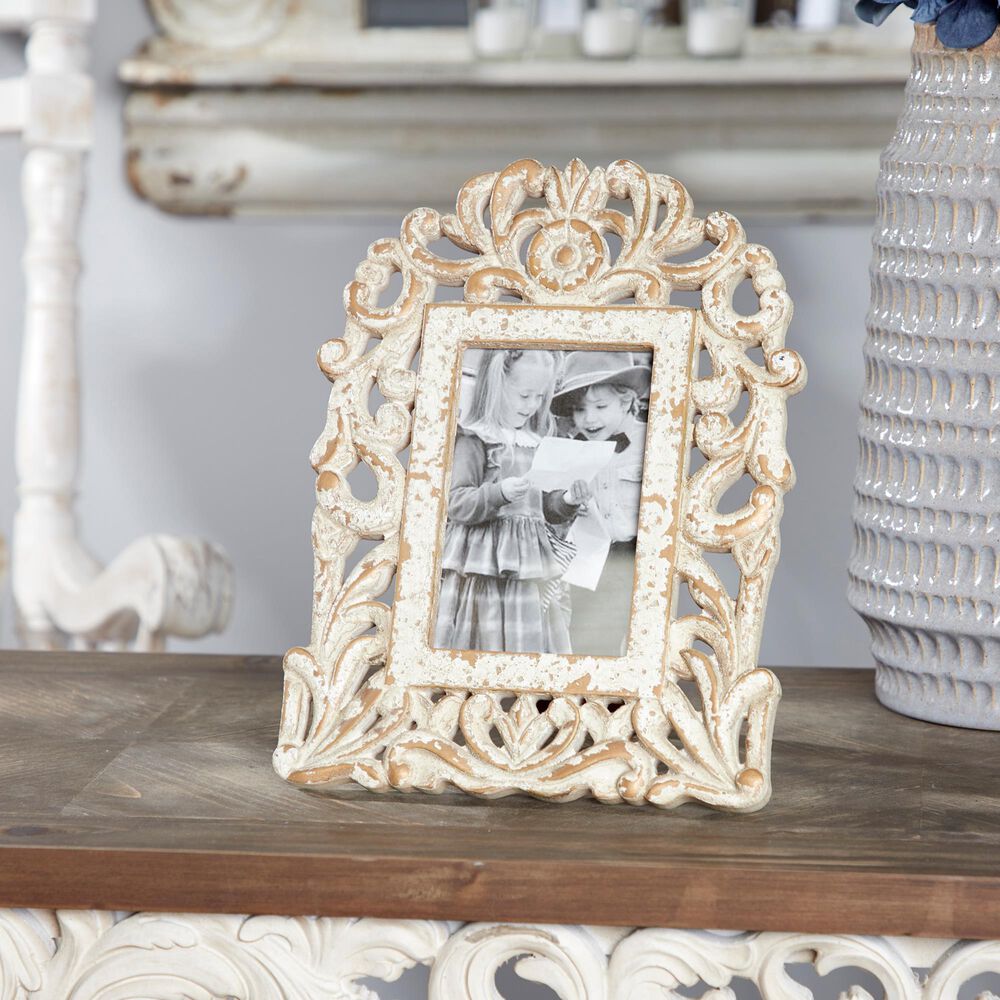Maple and Jade Vintage Hand-Carved Acanthus and Rosette Photo Frame in Whitewashed and Natural Brown, , large