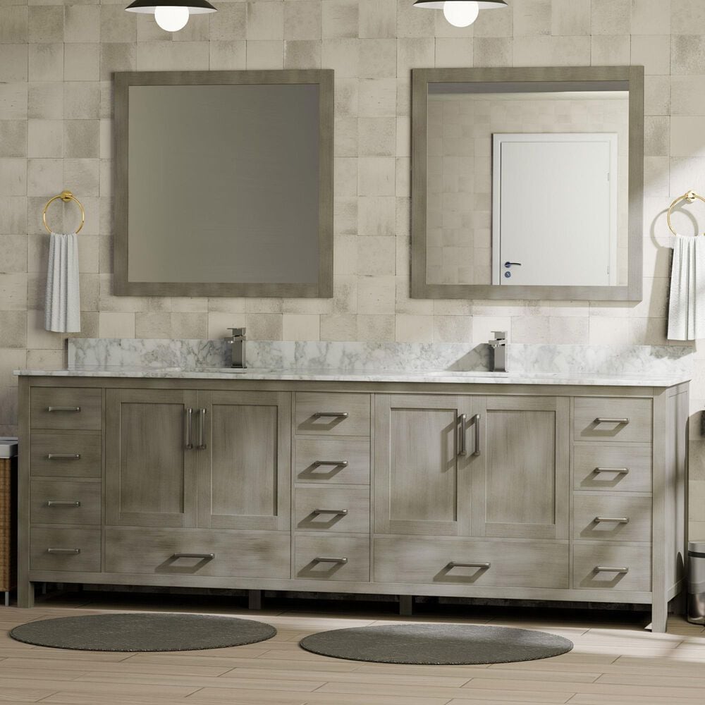 Lexora Home Jacques 84" Double Bathroom Vanity in Distressed Grey with 2 cm White Carrara Marble Top and Rectangular Sinks, , large
