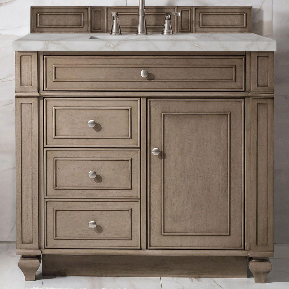 James Martin Vanities Bristol 36&quot; Single Bathroom Vanity in Whitewashed Walnut with 3 cm Victorian Silver Quartz Top and Rectangular Sink, , large