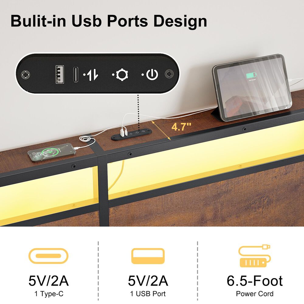 HOMLUX Vintage Queen Platform Bed with Storage LED Headboard in Rustic Brown, , large