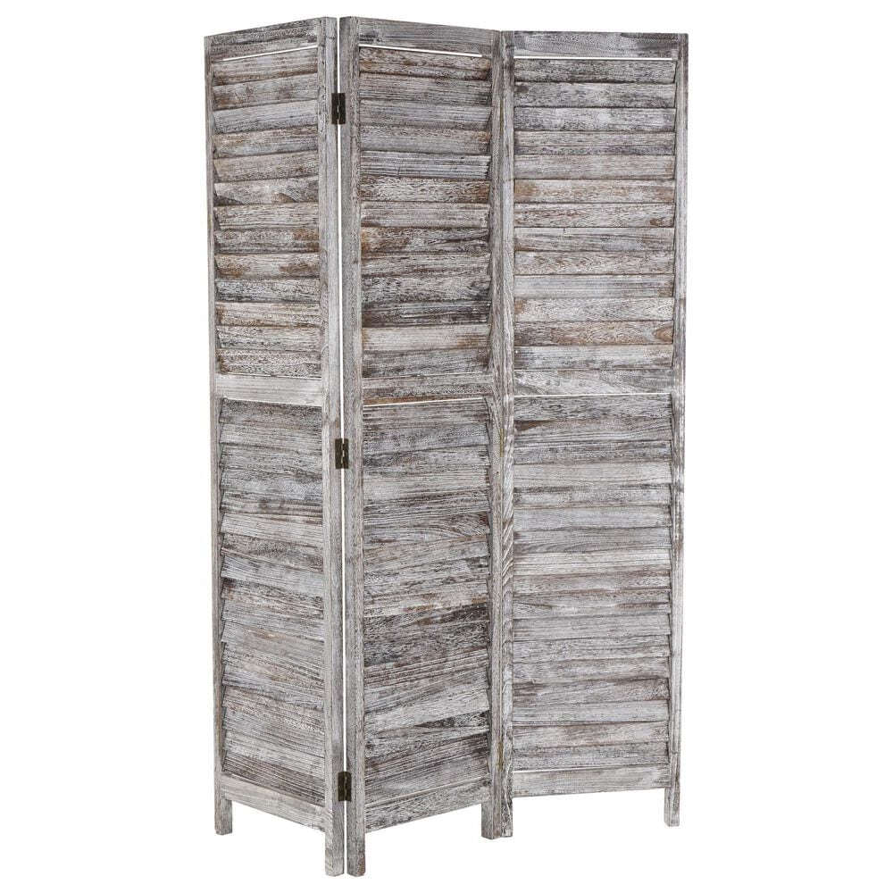 Maple and Jade 3-Panel Shutter Top Partition Room Divider Screen in Washed Gray and Brown, , large