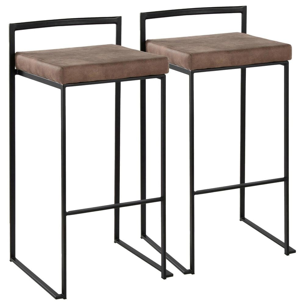 LumiSource Fuji 34" Stacker Bar Stool with Brown Cowboy Upholstery in Black (Set of 2), , large