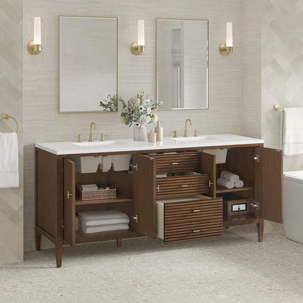 James Martin Vanities Myrrin 72&quot; Double Vanity in Mid-Century Walnut with 3 cm White Zeus Quartz Top, , large