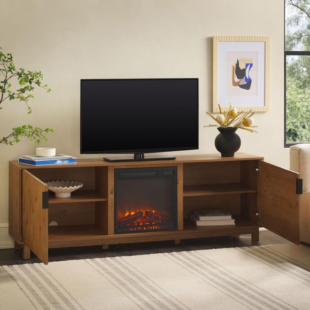 Walker Edison Arundo 70&quot; TV Stand with Freestanding Electric Fireplace in English Oak, , large