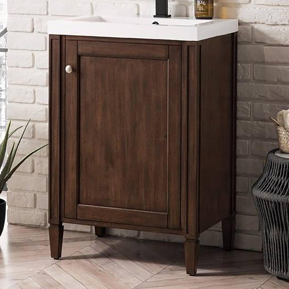 James Martin Brittania 24" Single Bathroom Vanity in Mid Century Acacia with White Glossy Resin Top, , large