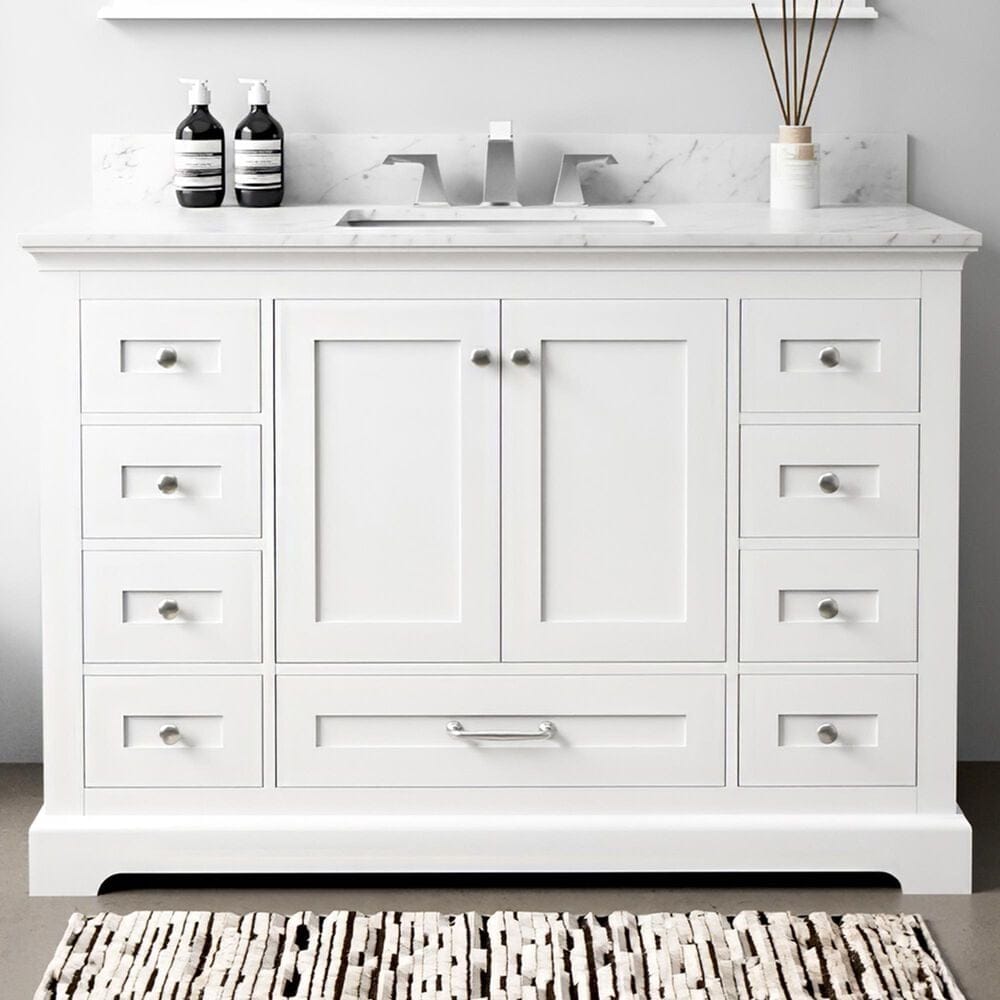 Lexora Home Dukes 48" Single Bathroom Vanity in White with 2 cm White Carrara Marble Top and Rectangular Sink, , large