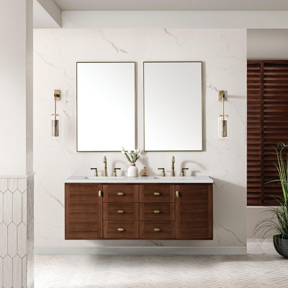 James Martin Vanities Amberly 60&quot; Double Bathroom Vanity in Mid-Century Walnut with 3 cm Lime Delight Quartz Top and Rectangular Sinks, , large
