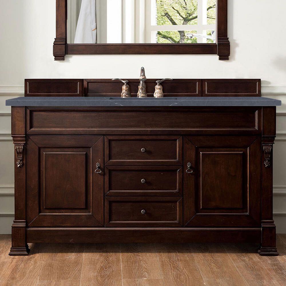 James Martin Vanities Brookfield 60&quot; Single Bathroom Vanity in Burnished Mahogany with 3 cm Charcoal Soapstone Quartz Top and Rectangle Sink, , large