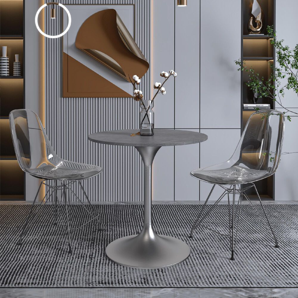 Leisuremod LeisureMod Verve Collection 27 Round Dining Table, Brushed Chrome Base with Sintered Stone Grey Top, , large