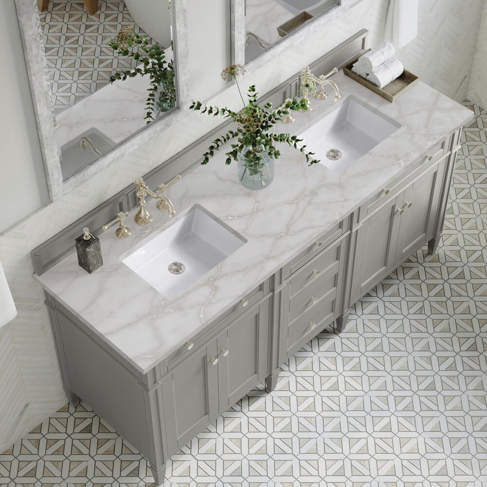 James Martin Vanities Brittany 72&quot; Double Bathroom Vanity in Urban Gray with 3 cm Victorian Silver Quartz Top and Rectangular Sinks, , large