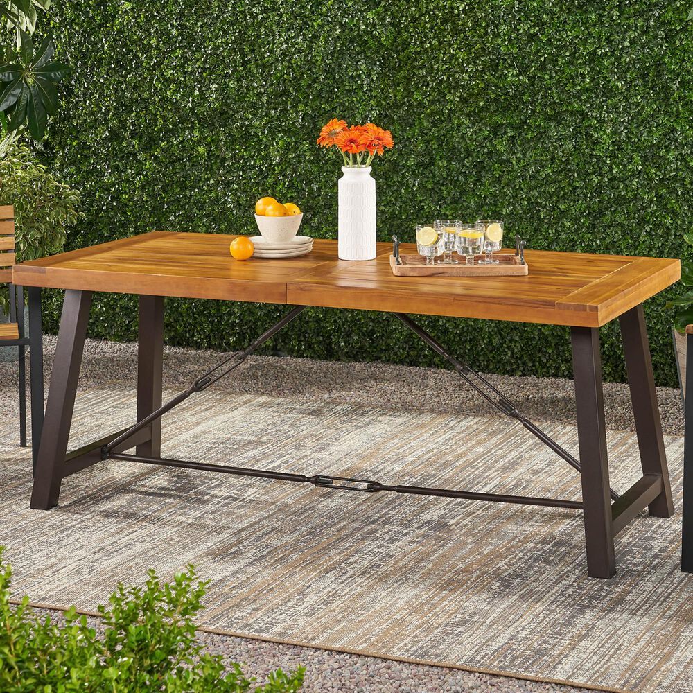 Hearth and Haven Outdoor Acacia Wood Metal Base Dining Table in Teak, , large