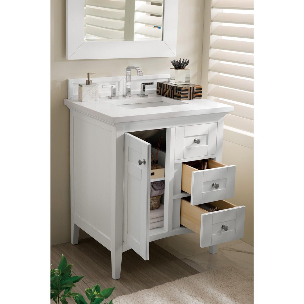 James Martin Vanities Palisades 30&quot; Single Bathroom Vanity in Bright White with 3 cm White Zeus Quartz Top and Rectangular Sink, , large
