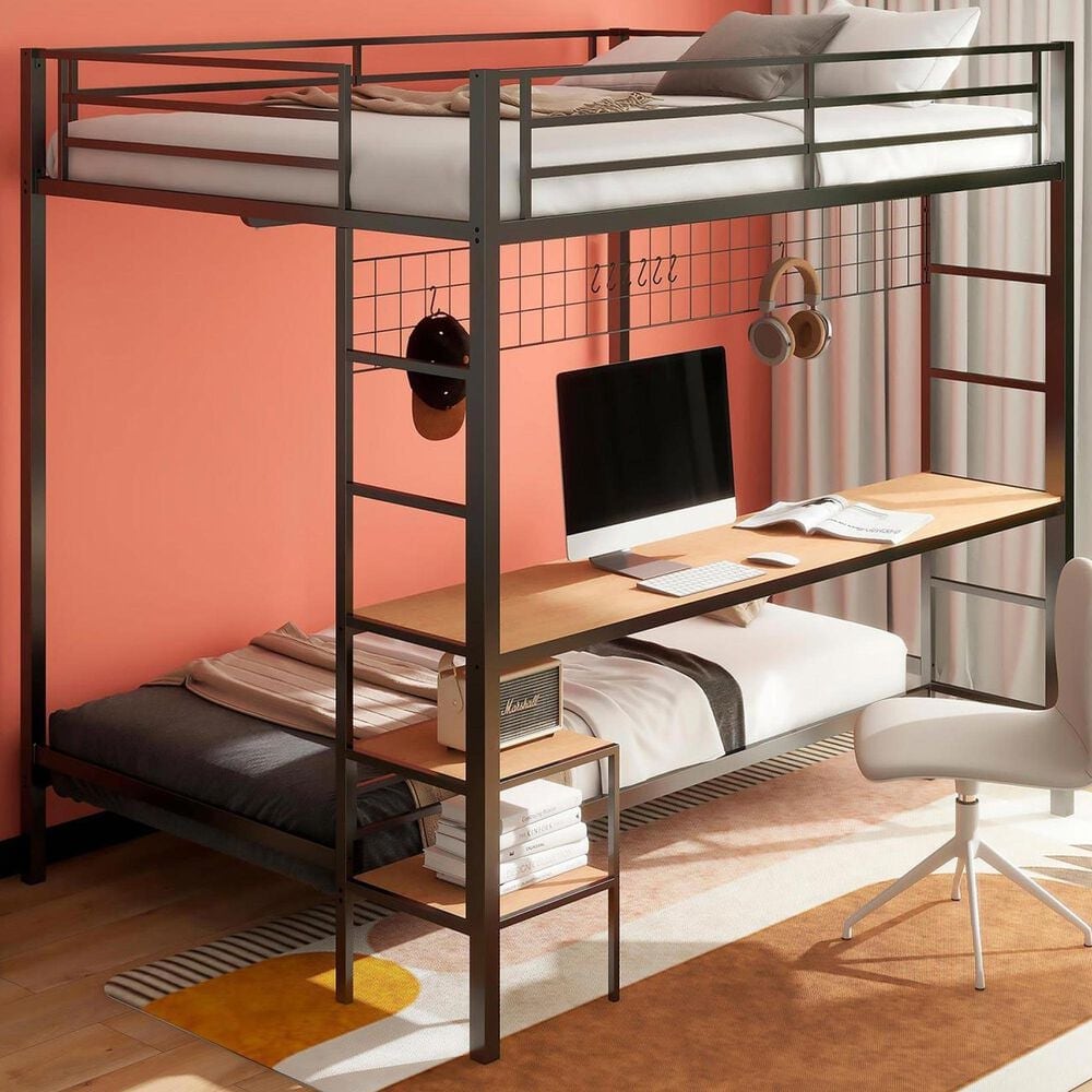 Pacific Landing Campus Full Over Twin Workstation Bunk Bed in Matte Black, , large
