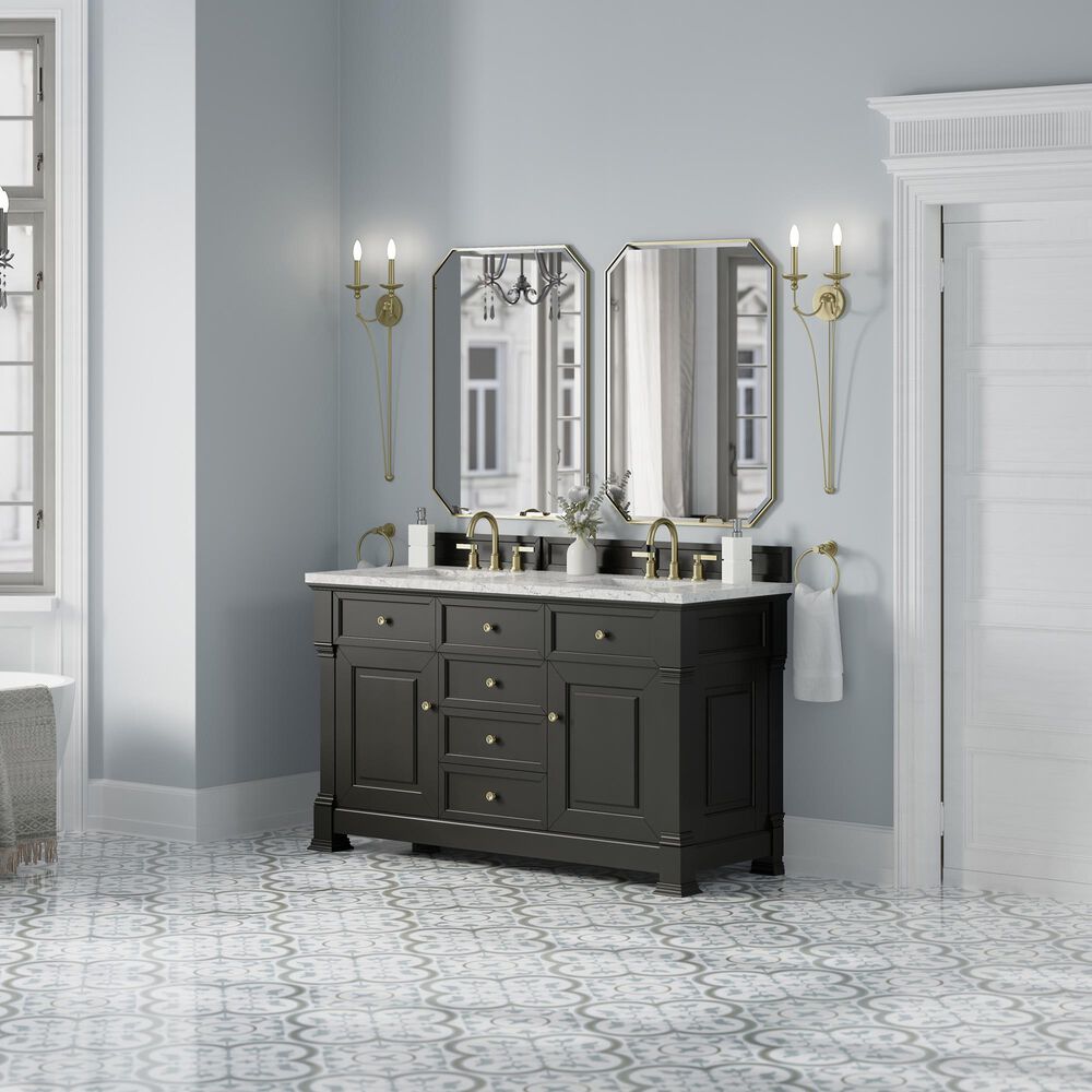 James Martin Vanities Brookfield 60&quot; Double Bathroom Vanity in Black Onyx with 3 cm Eternal Jasmine Pearl Quartz Top and Rectangular Sinks, , large