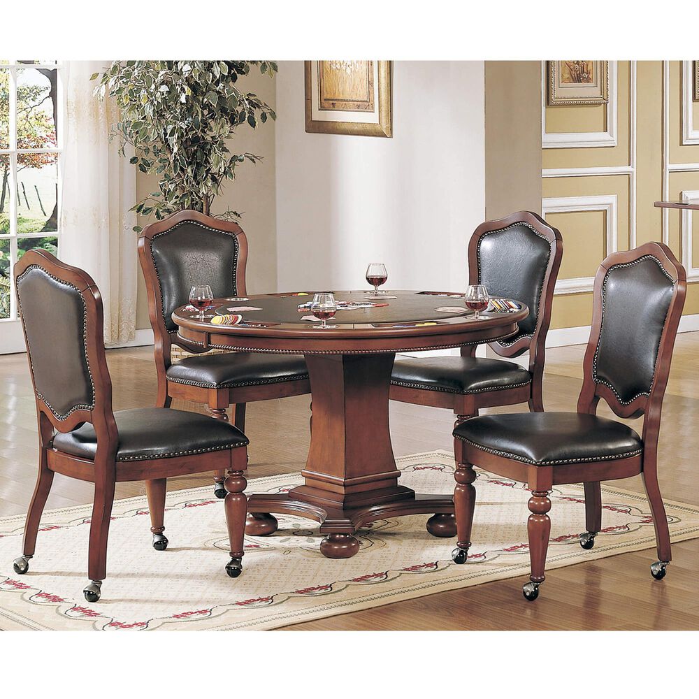 GAME TABLE AND 4 CHAIRS Bellagio 5-Piece Round Game Table Set in Distressed Brown Cherry, , large