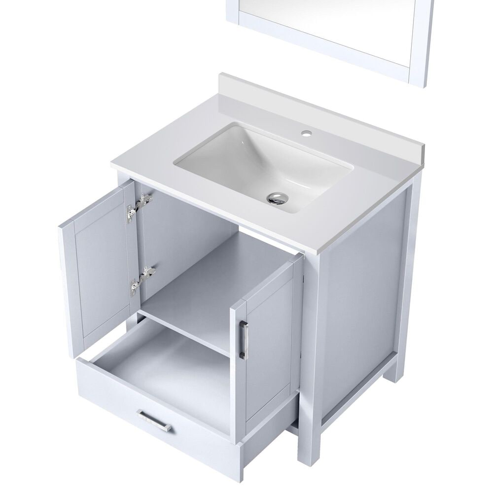 Lexora Home Jacques 30&quot; Single Bathroom Vanity in Navy Blue with 2 cm White Quartz Top, Rectangular Sink and 28&quot; Mirror, , large
