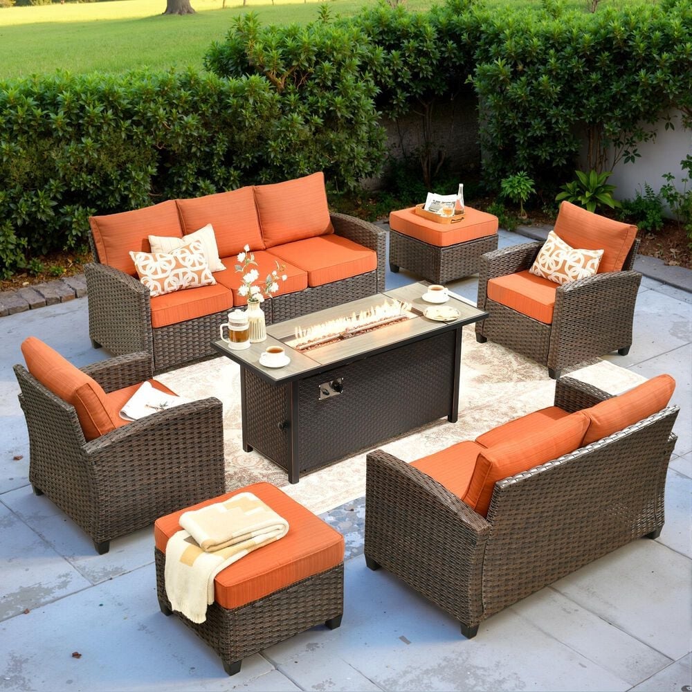 HOMLUX 7-Piece Patio Conversation Set with Fire Pit Table in Orange Red, , large