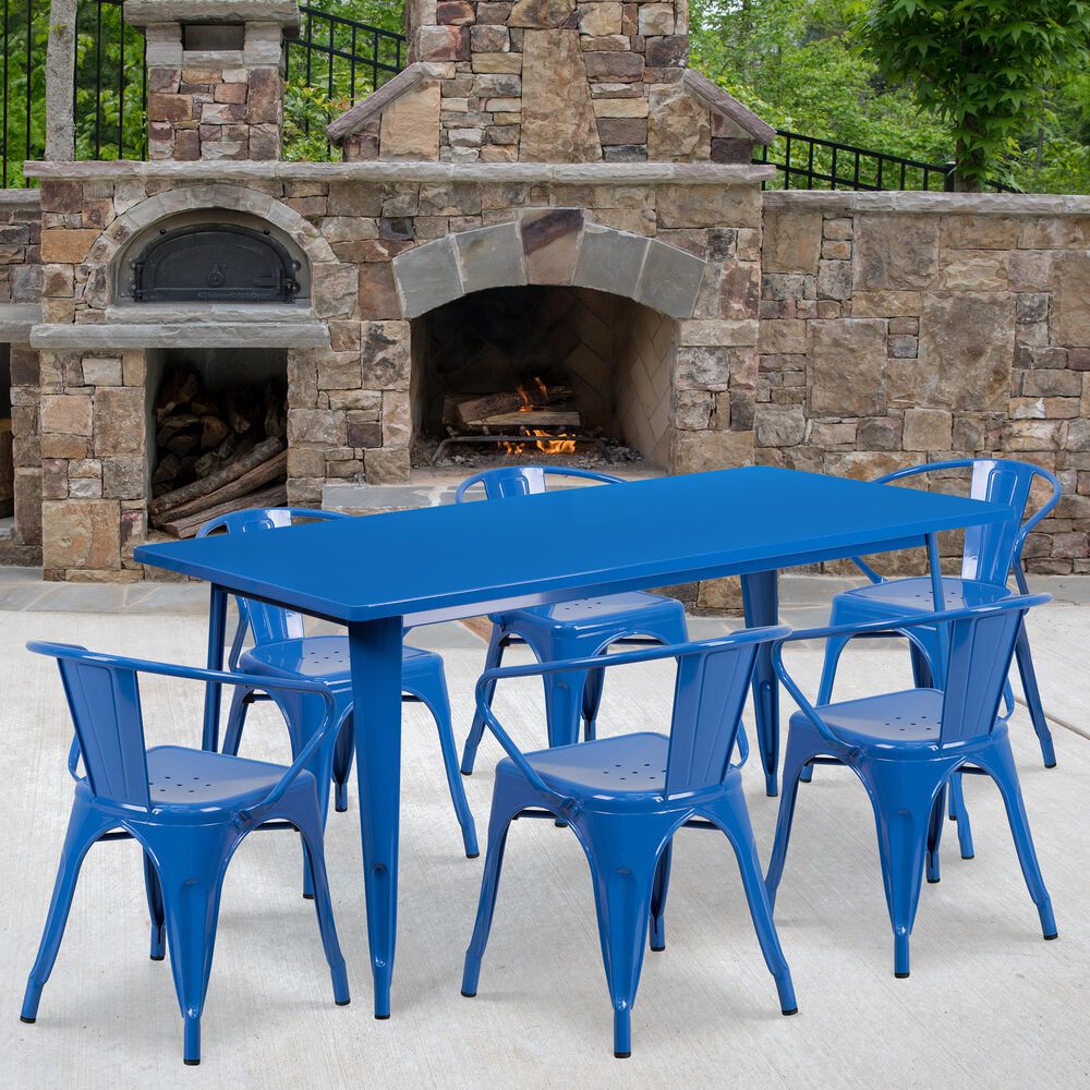 Flash Furniture 7-Piece Metal Table Set in Blue, , large