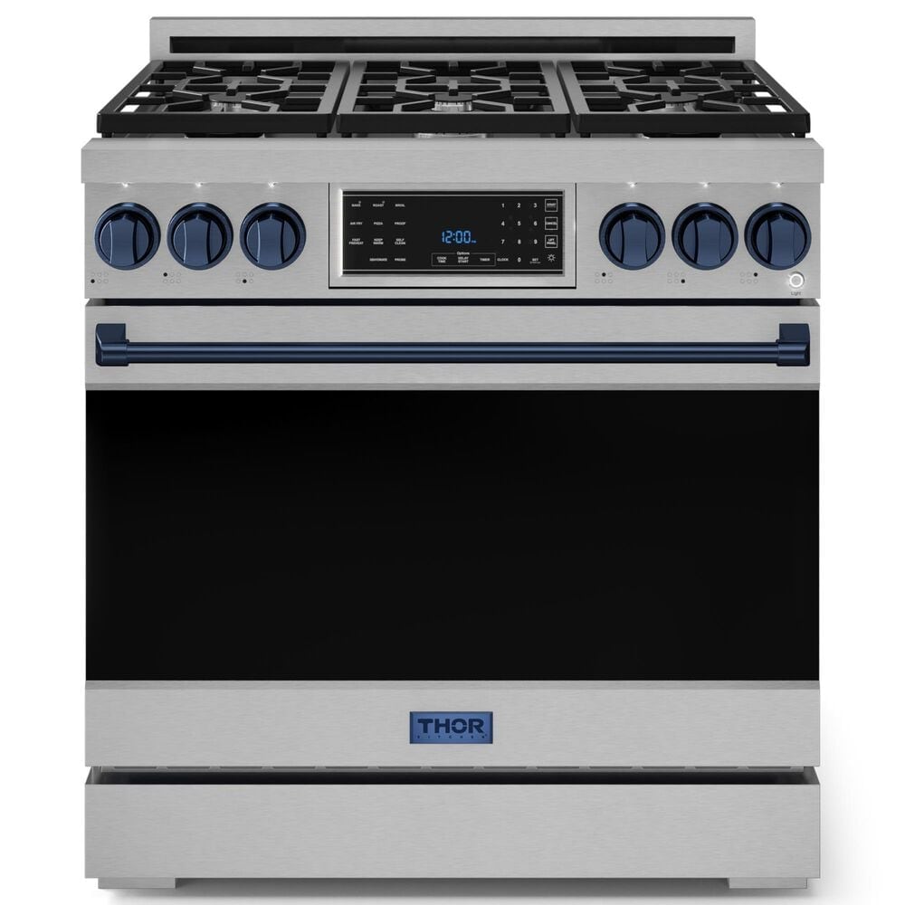 THOR KITCHEN Gordon Ramsay 6 Cu. Ft. 36" Professional Natural Gas Range with Navy Blue Handle Kit in Stainless Steel, , large