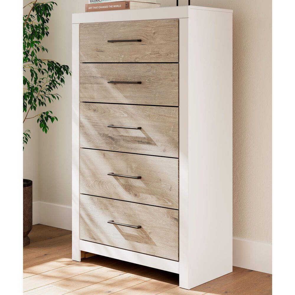 Ashley Charbitt 5-Drawer Chest in Matte White and Replicated Oak Grain, , large