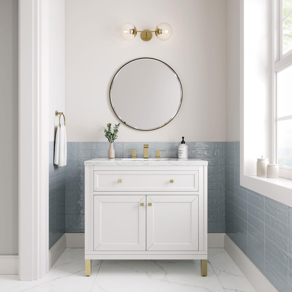 James Martin Vanities Chicago 36&quot; Single Bathroom Vanity in Glossy White with 3 cm Ethereal Noctis Quartz Top and Rectangular Sink, , large