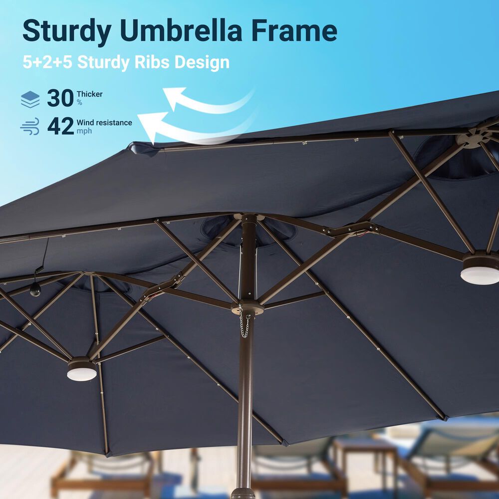 HOMLUX 15' Outdoor Market Umbrella with Sandbags Base and LED Lights in Dark Blue, , large