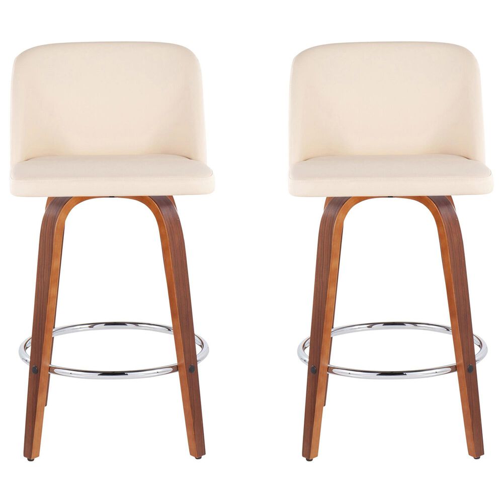 LumiSource Toriano Swivel Counter Stool with Cream Faux Leather Upholstery in Walnut and Chrome (Set of 2), , large