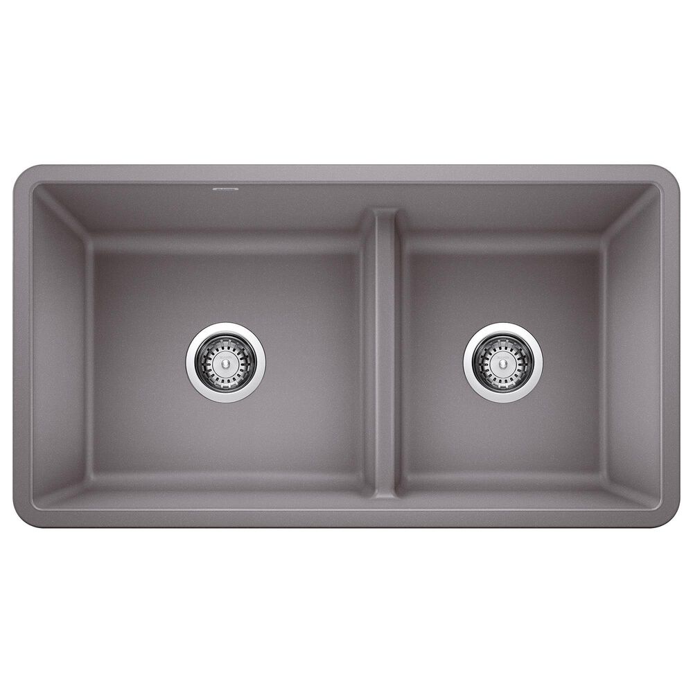 Blanco Precis Reversible 1-3/4 Double Bowl Kitchen Sink with Low Divide in Metallic Gray, , large