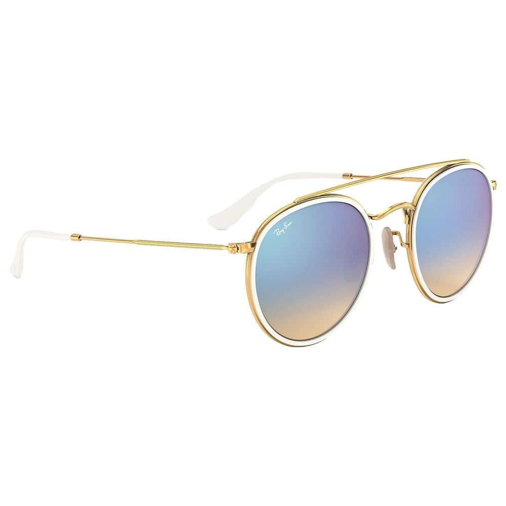 Ray-Ban Round Double Bridge Sunglasses with Blue Lenses in Polished Gold, , large