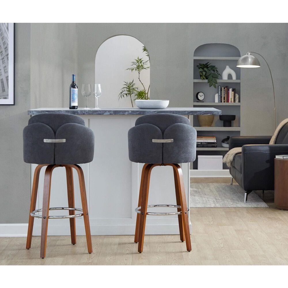 LumiSource Dahlia Swivel Bar Stool with Grey Upholstery in Walnut and Chrome (Set of 2), , large