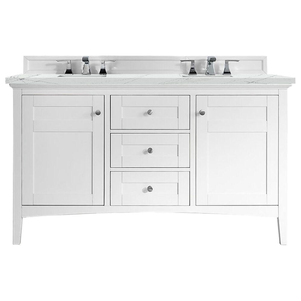 James Martin Vanities Palisades 60" Double Bathroom Vanity in Bright White with 3 cm Ethereal Noctis Quartz Top and Rectangular Sinks, , large