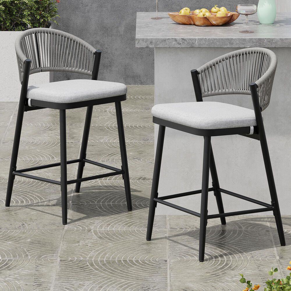 Hearth and Haven 26" Outdoor Counter Stool with Matte Black Frame in Light Gray (Set of 2), , large