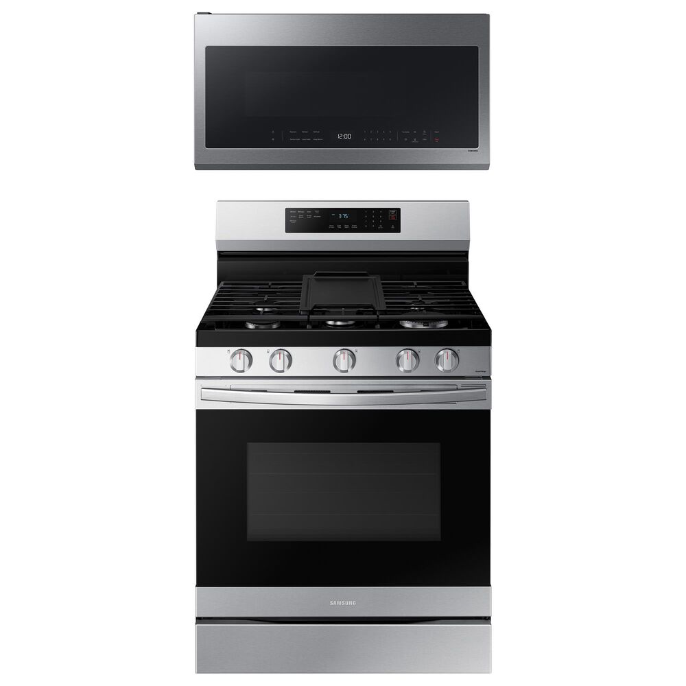 Samsung 6.0 cu. ft. Smart Freestanding Gas Range with No-Preheat Air Fry & Convection and2.1 cu. ft. Over-the-Range Microwave with Wi-Fi in Fingerprint Resistant Stainless Steel, , large