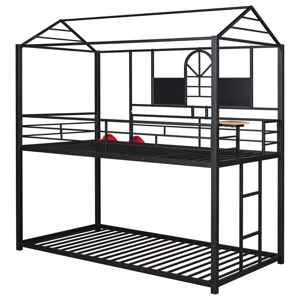 Hearth and Haven Twin over Twin House Bunk Bed with Built-in Slide in Black and Red, , large
