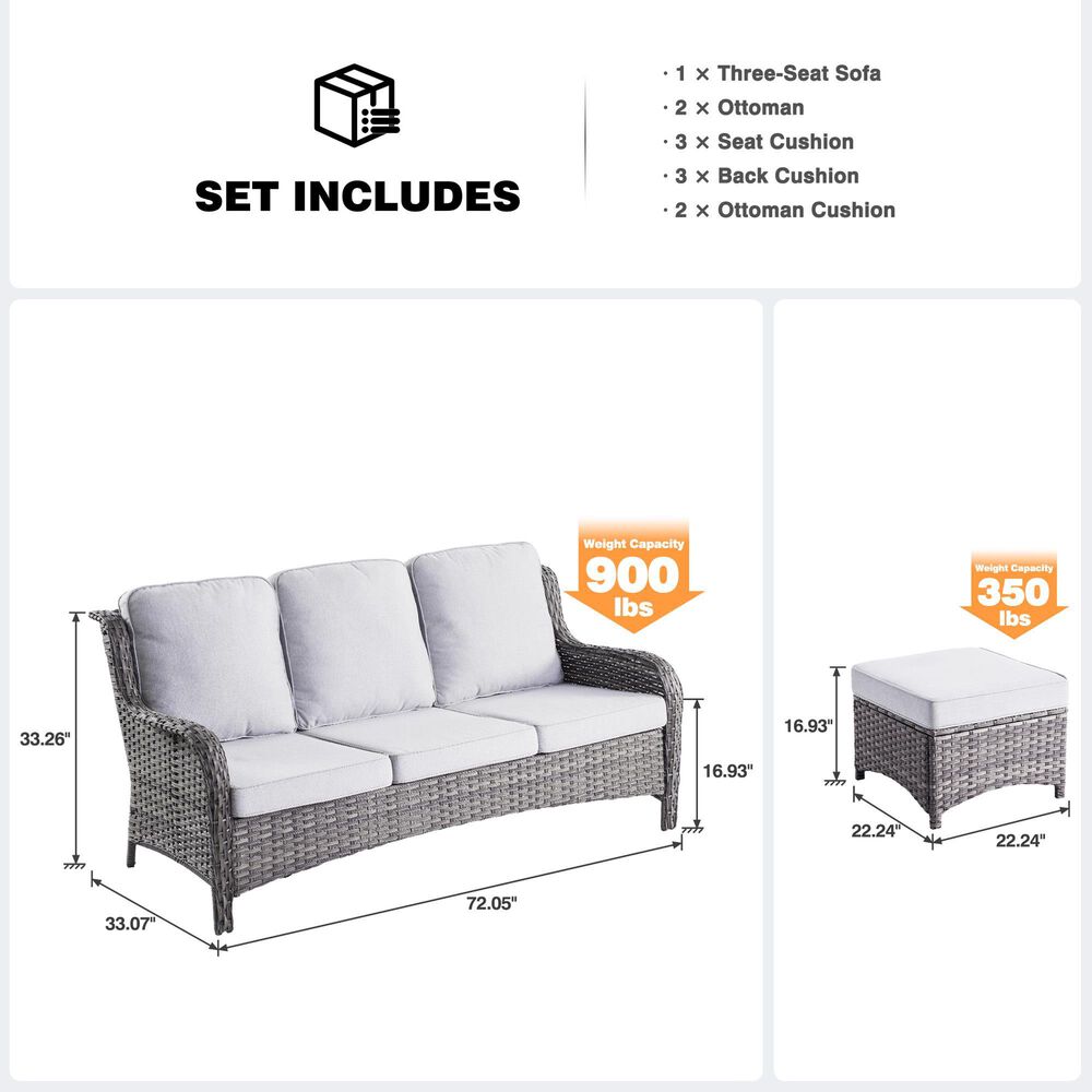 HOMLUX 3-Piece 72" Patio Sofa and Ottoman Set in Grey, , large