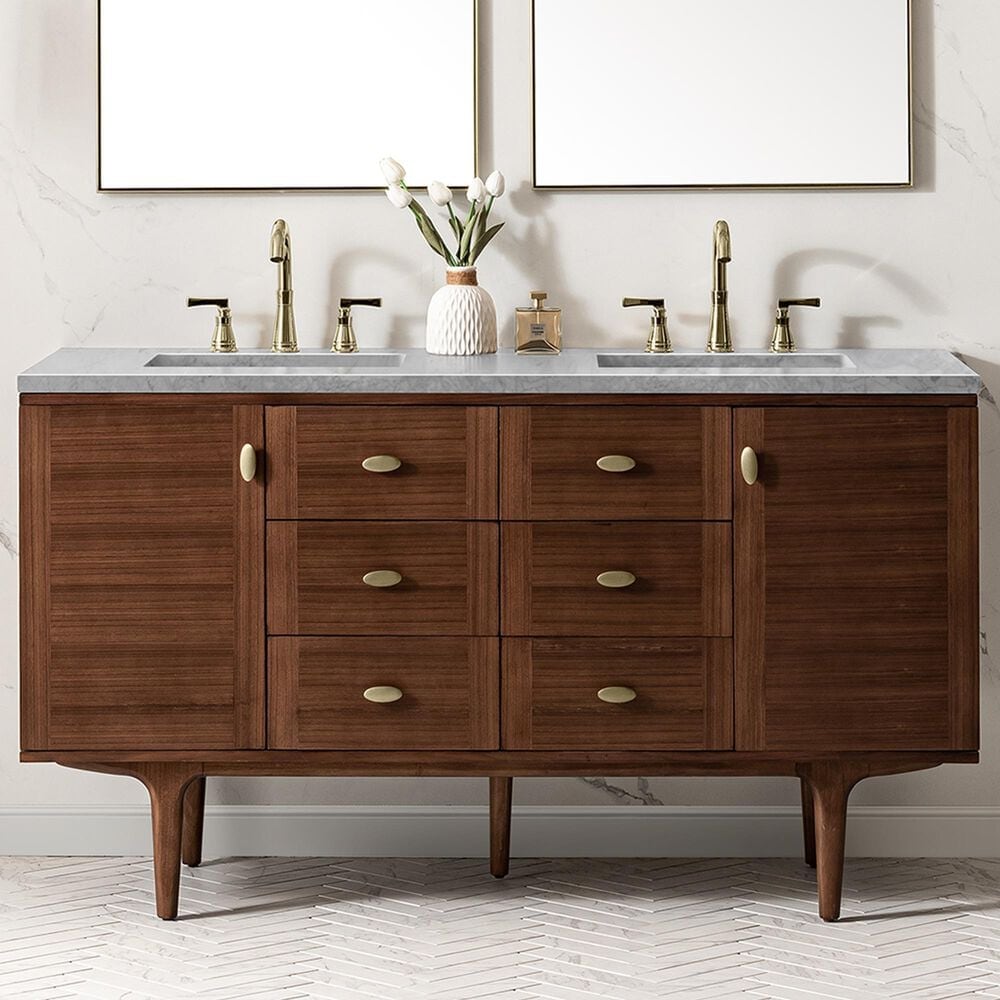 James Martin Vanities Amberly 60&quot; Double Bathroom Vanity in Walnut with 3 cm Carrara White Marble Top and Rectangular Sinks, , large