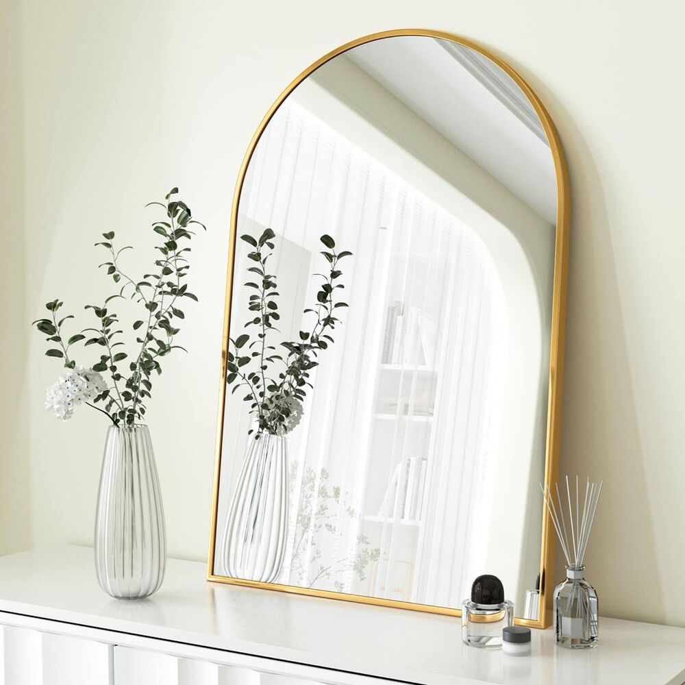 HOMLUX 20" x 30" Arched Mantle Mirror in Gold, , large