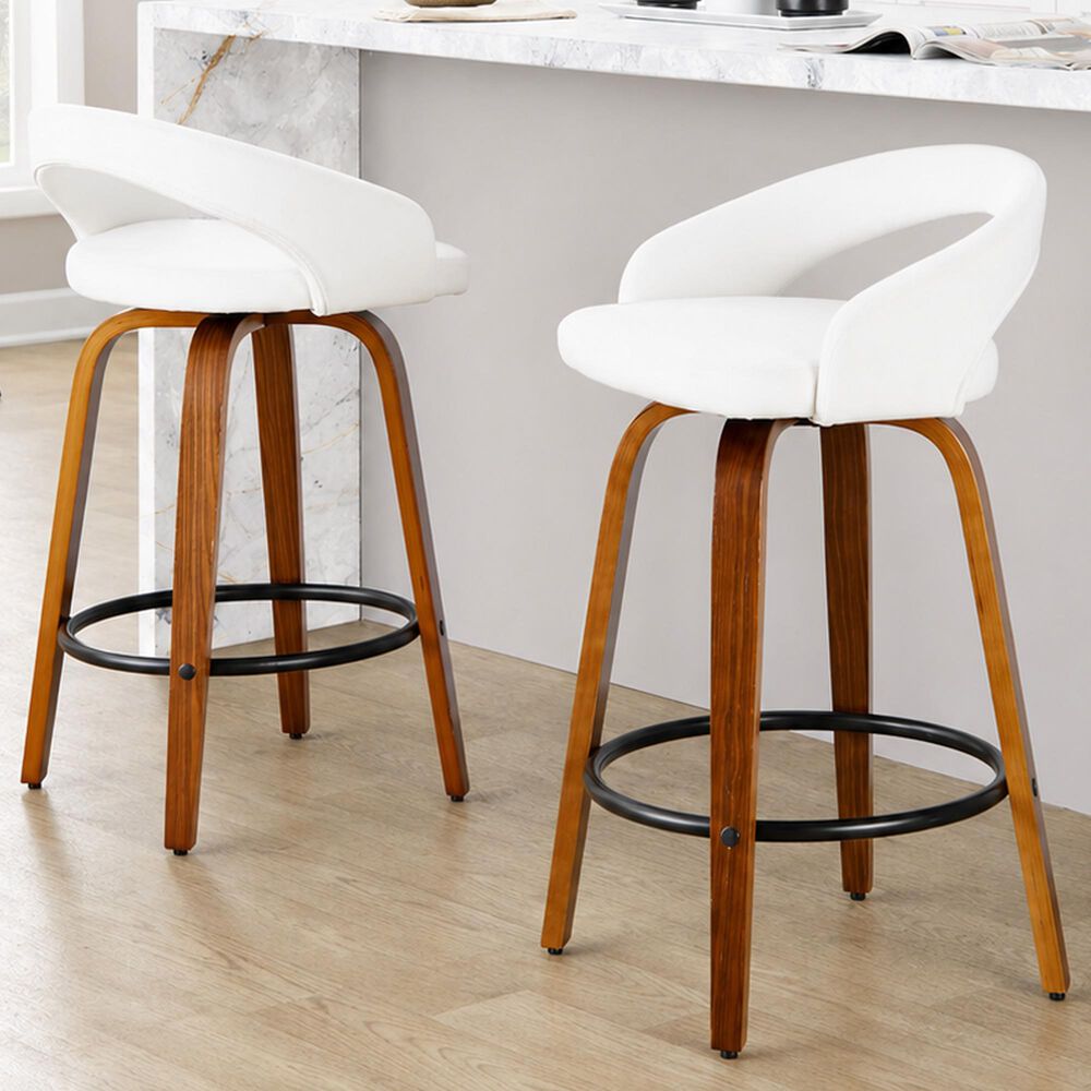 LumiSource Grotto Swivel Counter Stool with White Velvet Upholstery in Walnut Wood and Black (Set of 2), , large