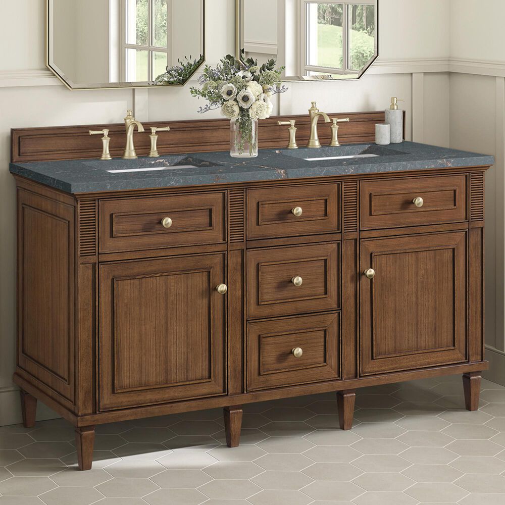 James Martin Vanities Lorelai 60&quot; Double Vanity in Mid-Century Walnut with 3 cm Parisien Bleu Quartz Top, , large