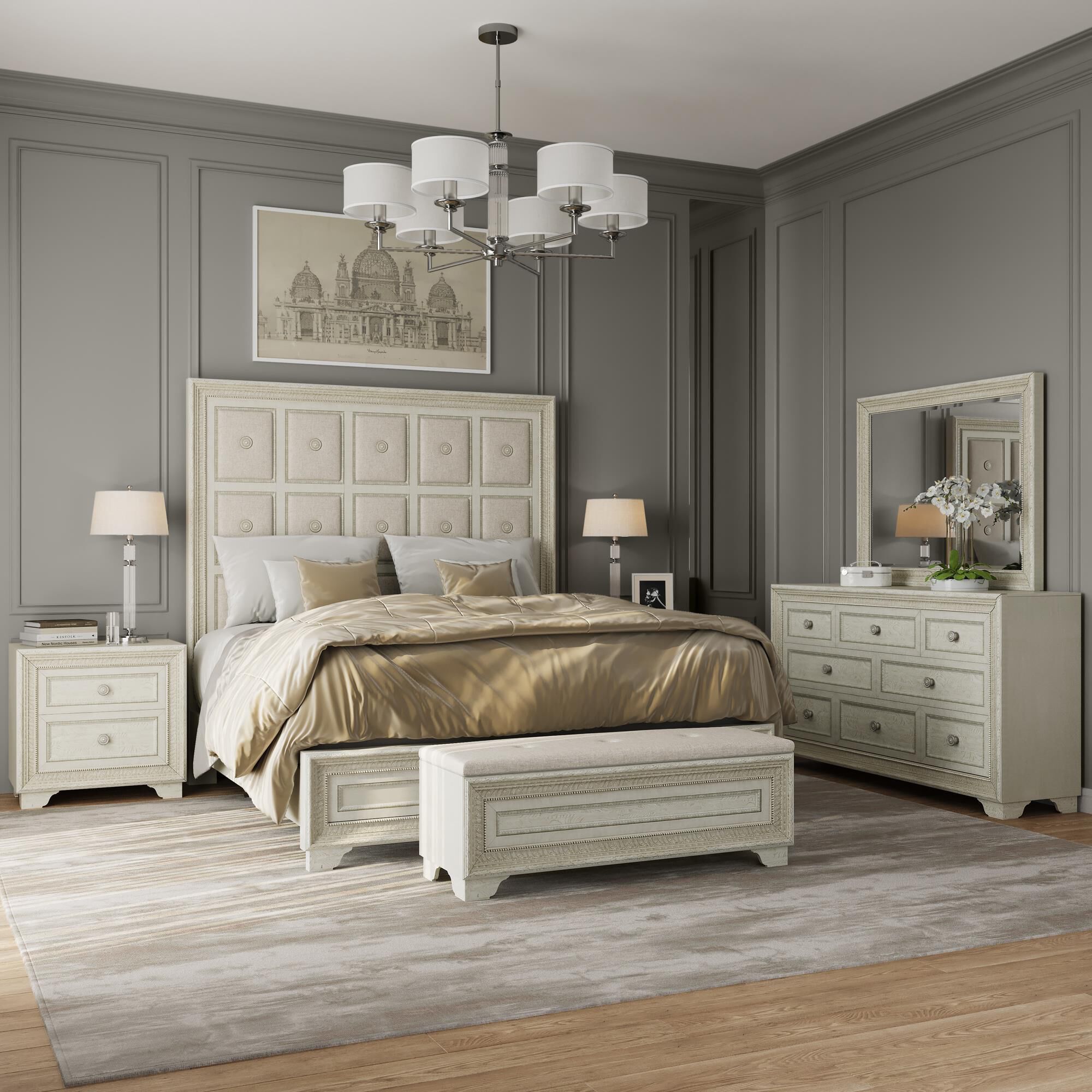 Nicolette Home Camila Queen Upholstered Panel Bed in White and Silver