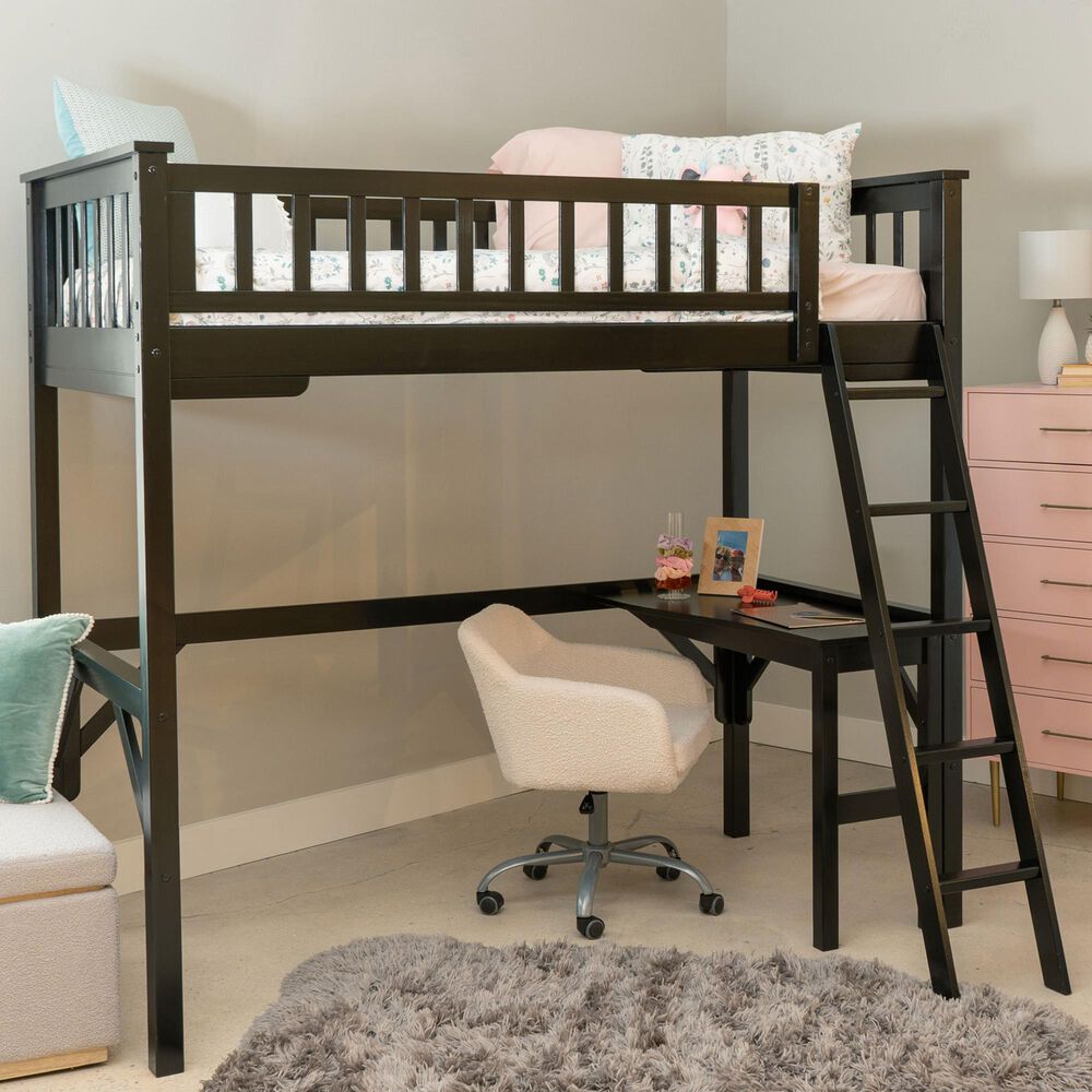 Linon Home Decor Levi Twin Workstation Loft Bed with Desk in Black, , large