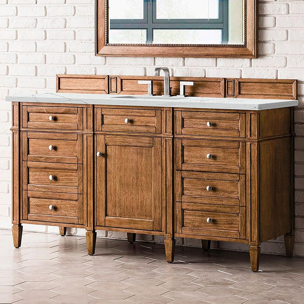 James Martin Vanities Brittany 60&quot; Single Bathroom Vanity in Saddle Brown with 3 cm Ethereal Noctis Quartz Top and Rectangular Sink, , large