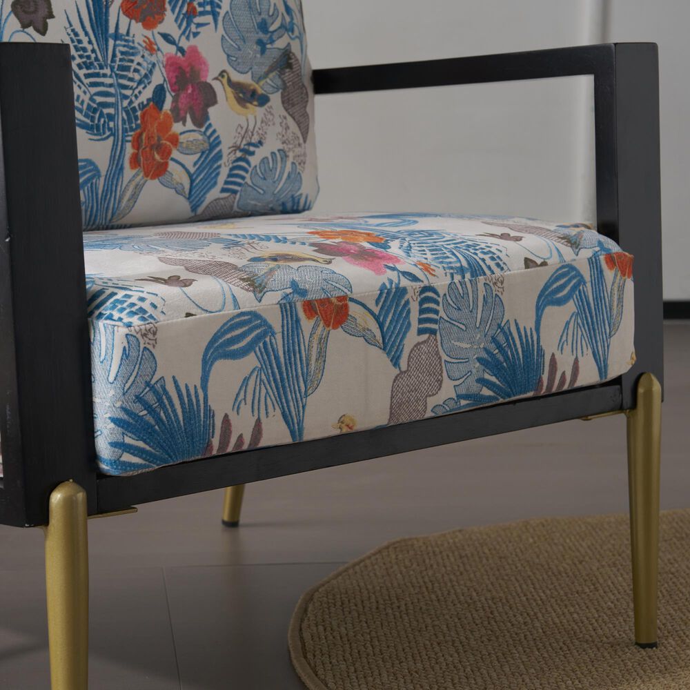 Hearth and Haven Floral Velvet Lounge Arm Chair with Gold Metal Legs in Blue, , large