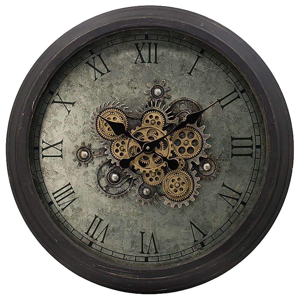 A&B Home Round Clock with Exposed Gold Gears in Gray and Black, , large