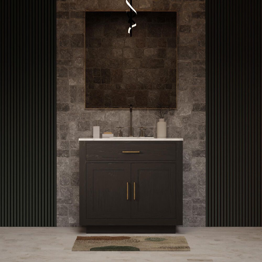 Lexora Home Abbey 36" Single Bathroom Vanity in Black Oak with 2 cm White Carrara Marble Top and Rectangular Sink, , large