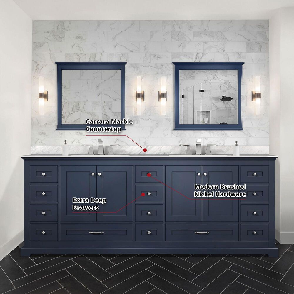 Lexora Home Dukes 84&quot; Double Bathroom Vanity in Navy Blue with 2 cm White Carrara Marble Top and Rectangular Sinks, , large