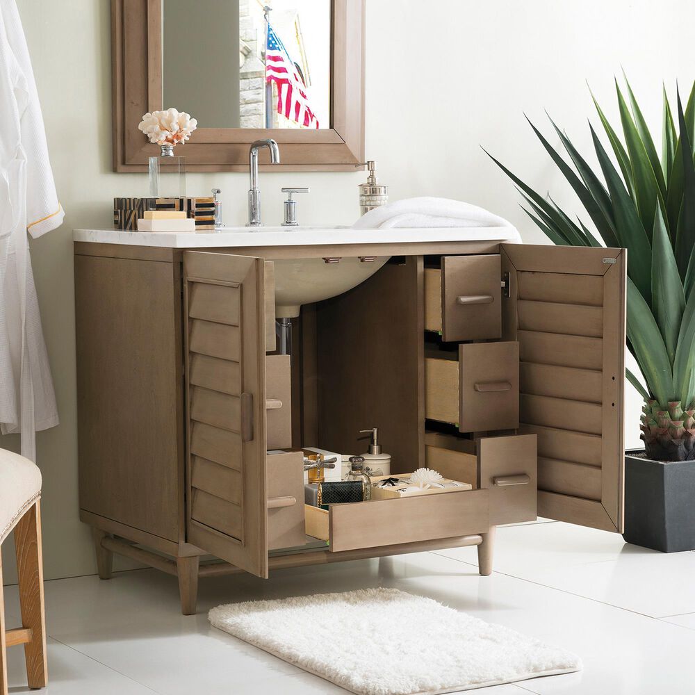 James Martin Vanities Portland 36&quot; Single Bathroom Vanity in Whitewashed Walnut with 3 cm Arctic Fall Solid Surface Top and Rectangular Sink, , large